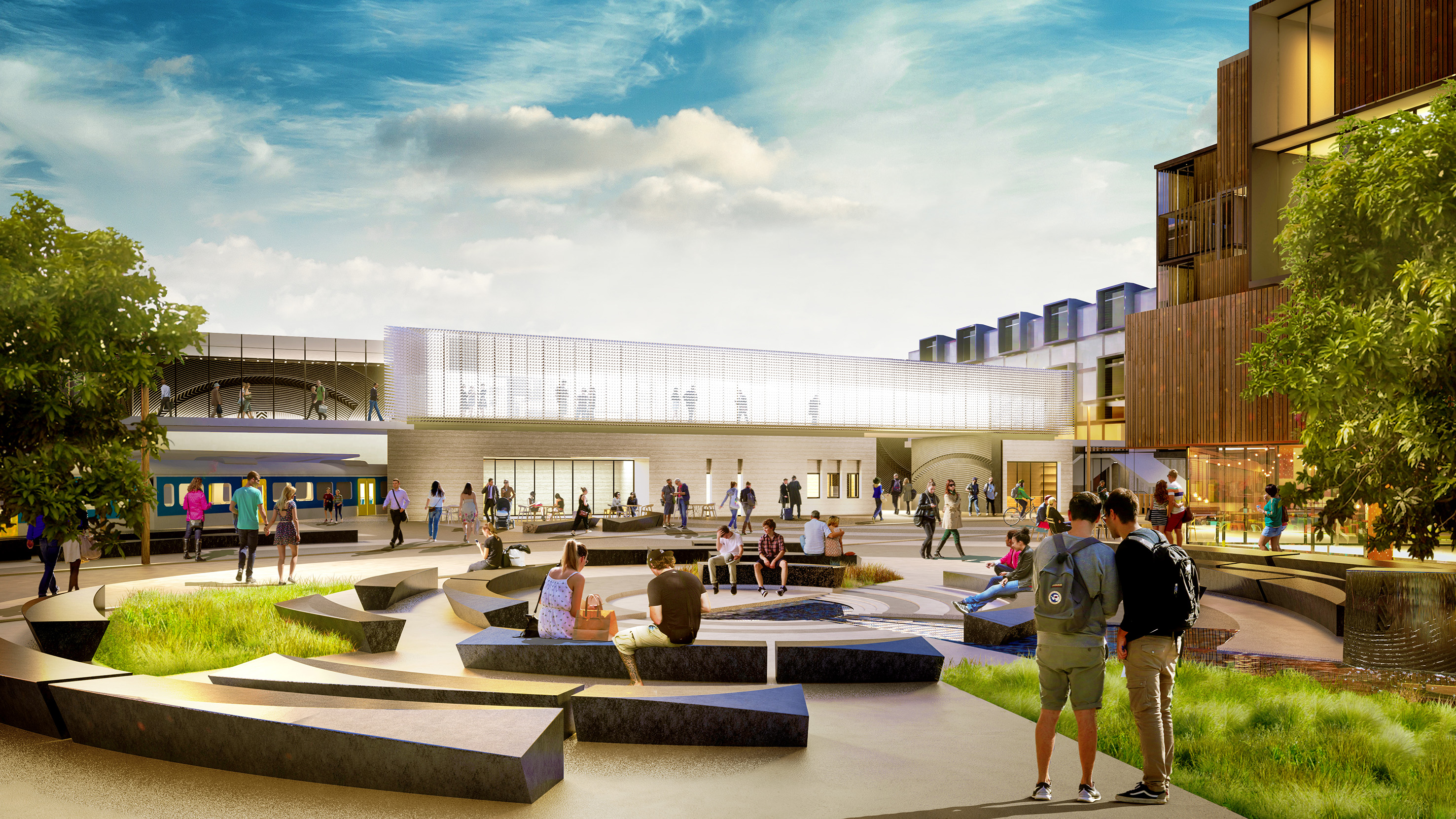 Artist’s impression of the public seating area outside the new train station.